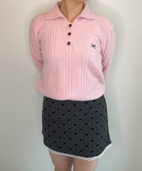 frunco(フランコ)の「リボン刺繍入りニットポロ(ポロシャツ・レディース・ピンク/ブラウン/ホワイト/ブラック/グレー・FREE)」の10枚目の写真