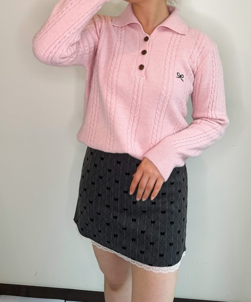 frunco(フランコ)の「リボン刺繍入りニットポロ(ポロシャツ・レディース・ピンク/ブラウン/ホワイト/ブラック/グレー・FREE)」の11枚目の写真