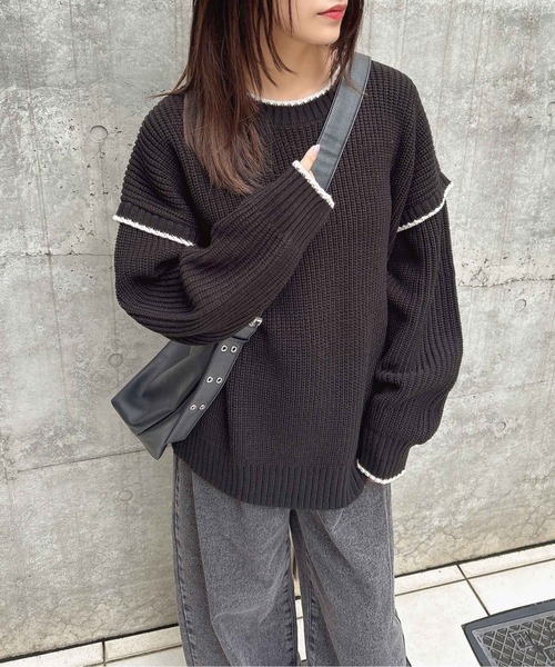 INGNI(イング)の「配色ステッチニット(ニット/セーター・レディース・アイボリー系3/ブルー系1/グレー系その他3/ブラック系その他2・M)」の5枚目の写真