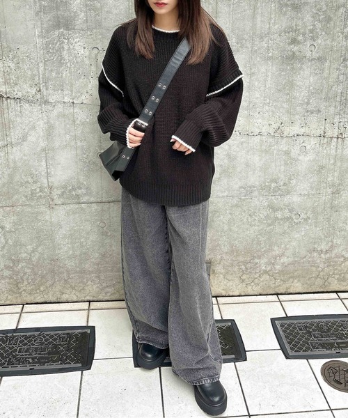 INGNI(イング)の「配色ステッチニット(ニット/セーター・レディース・アイボリー系3/ブルー系1/グレー系その他3/ブラック系その他2・M)」の9枚目の写真