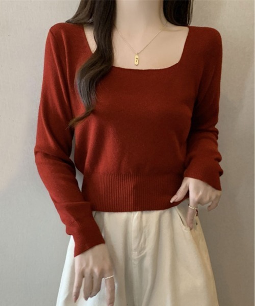 kirakiraShop(キラキラショップ)の「スクエアネック シンプル ニットソー(ニット/セーター・レディース・ホワイト/レッド/チャコール/ブラック/グレー・FREE)」の5枚目の写真