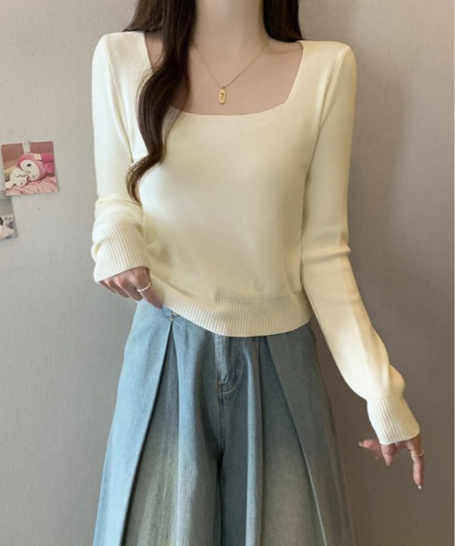 kirakiraShop(キラキラショップ)の「スクエアネック シンプル ニットソー(ニット/セーター・レディース・ホワイト/レッド/チャコール/ブラック/グレー・FREE)」の2枚目の写真