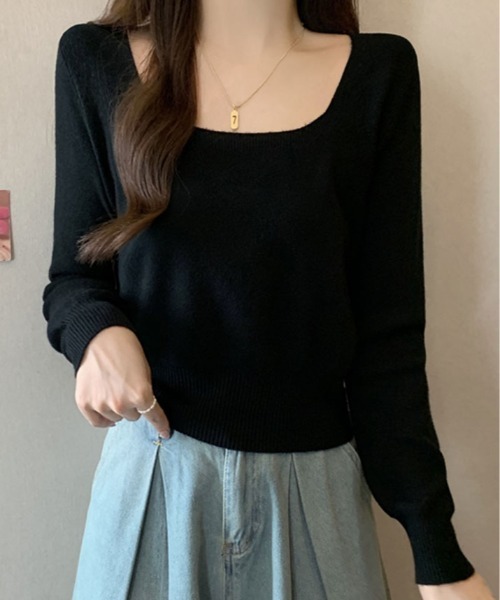 kirakiraShop(キラキラショップ)の「スクエアネック シンプル ニットソー(ニット/セーター・レディース・ホワイト/レッド/チャコール/ブラック/グレー・FREE)」の1枚目の写真