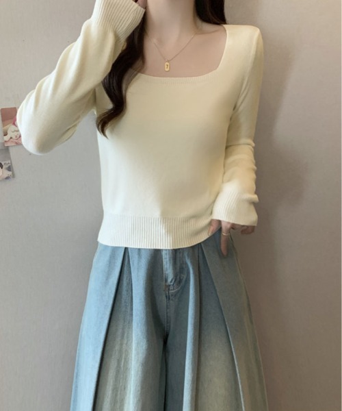 kirakiraShop(キラキラショップ)の「スクエアネック シンプル ニットソー(ニット/セーター・レディース・ホワイト/レッド/チャコール/ブラック/グレー・FREE)」の7枚目の写真