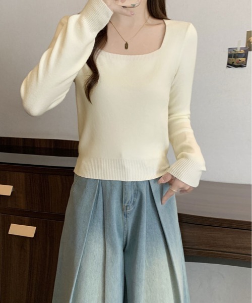 kirakiraShop(キラキラショップ)の「スクエアネック シンプル ニットソー(ニット/セーター・レディース・ホワイト/レッド/チャコール/ブラック/グレー・FREE)」の8枚目の写真