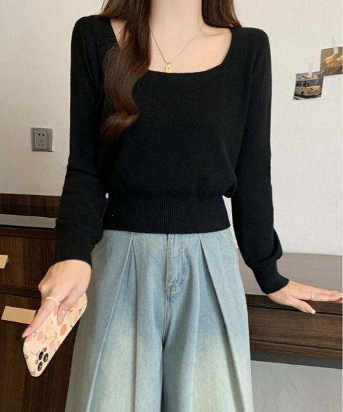 kirakiraShop(キラキラショップ)の「スクエアネック シンプル ニットソー(ニット/セーター・レディース・ホワイト/レッド/チャコール/ブラック/グレー・FREE)」の13枚目の写真