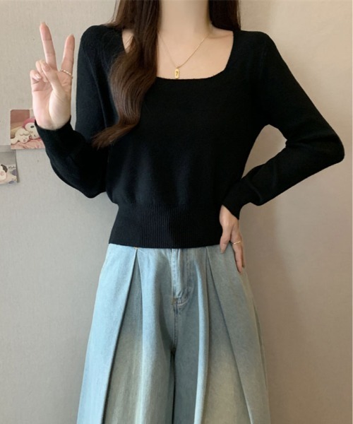 kirakiraShop(キラキラショップ)の「スクエアネック シンプル ニットソー(ニット/セーター・レディース・ホワイト/レッド/チャコール/ブラック/グレー・FREE)」の14枚目の写真