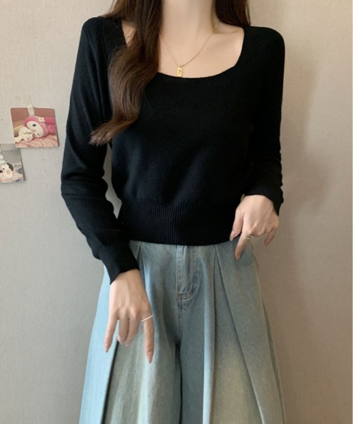 kirakiraShop(キラキラショップ)の「スクエアネック シンプル ニットソー(ニット/セーター・レディース・ホワイト/レッド/チャコール/ブラック/グレー・FREE)」の15枚目の写真