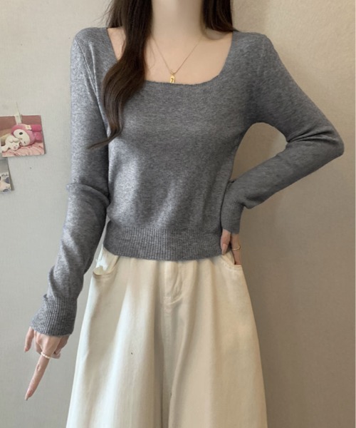 kirakiraShop(キラキラショップ)の「スクエアネック シンプル ニットソー(ニット/セーター・レディース・ホワイト/レッド/チャコール/ブラック/グレー・FREE)」の16枚目の写真