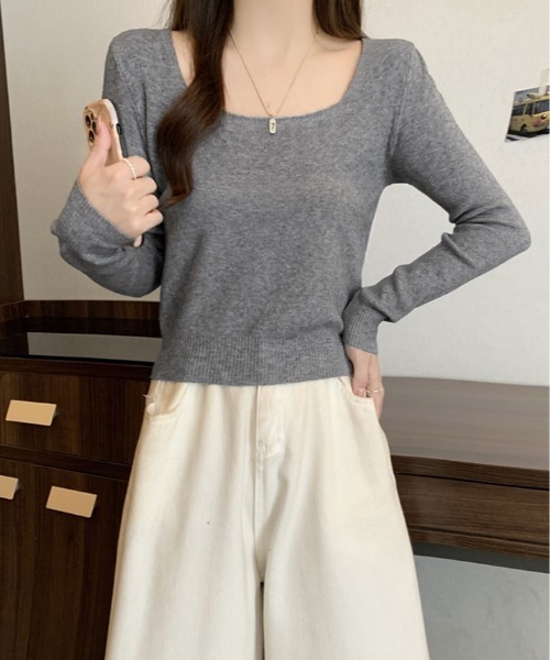 kirakiraShop(キラキラショップ)の「スクエアネック シンプル ニットソー(ニット/セーター・レディース・ホワイト/レッド/チャコール/ブラック/グレー・FREE)」の20枚目の写真