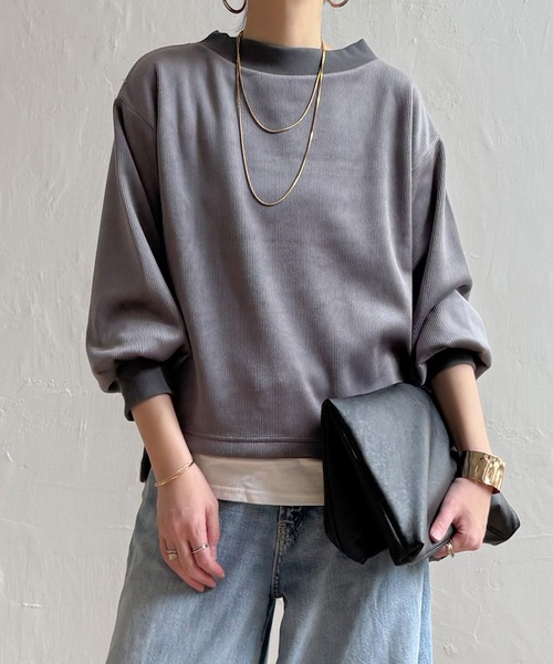 LBC(エルビーシー)の「【お得だ値】ベロアコールフェイクプルオーバー(Tシャツ/カットソー・レディース・チャコールグレー/ピンク/カーキブラウン/モカ・M/L)」の1枚目の写真