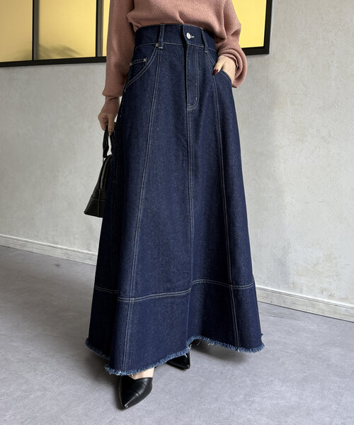 Thevon(ゼボン)の「デニムハイウエストフレアスカート(スカート・レディース・ブラック/サックスブルー/ネイビー・S/M)」の12枚目の写真