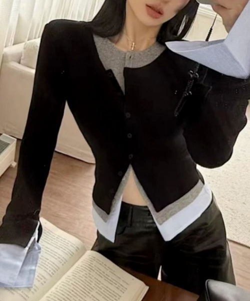 VIVID LADY(ビビッドレディー)の「レイヤード配色シャツカーデ 配色 2way(カーディガン/ボレロ・レディース・グレー/ブラック・FREE)」の3枚目の写真