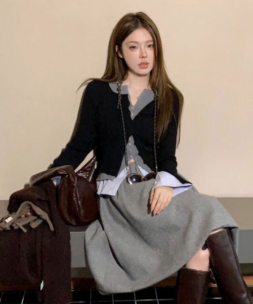 VIVID LADY(ビビッドレディー)の「レイヤード配色シャツカーデ 配色 2way(カーディガン/ボレロ・レディース・グレー/ブラック・FREE)」の4枚目の写真