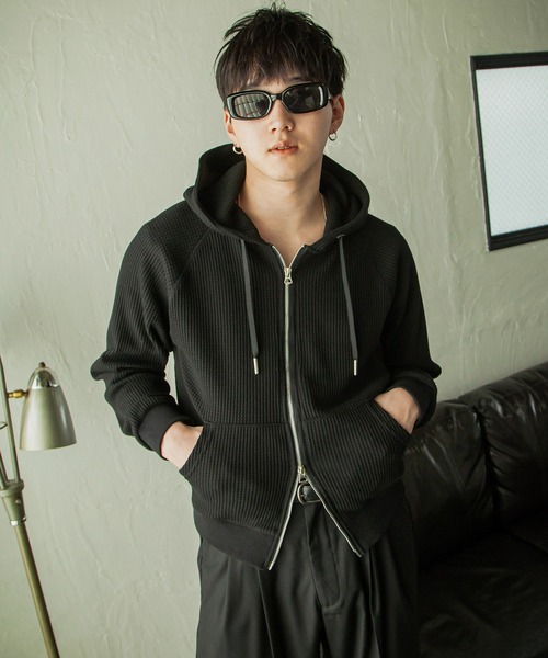 セール】【White Line】 ワッフル ダブルジップパーカー/ 短丈 ジップ