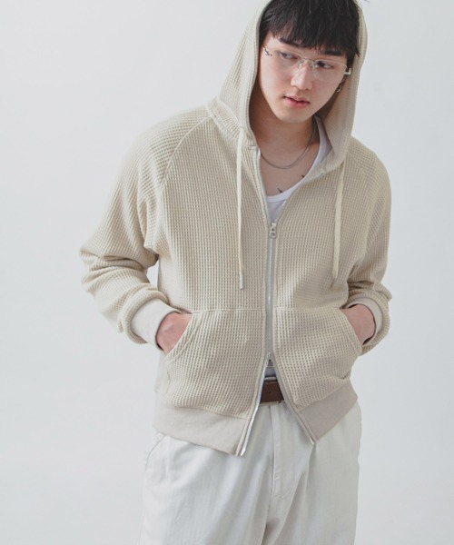 ZIP FIVE -White Line-(ジップファイブホワイトライン)の「【White Line】 ワッフル ダブルジップパーカー/ 短丈 ジップパーカー(パーカー・メンズ・ナチュラル/ブラック/グレー・MEDIUM/X-LARGE/LARGE)」の4枚目の写真