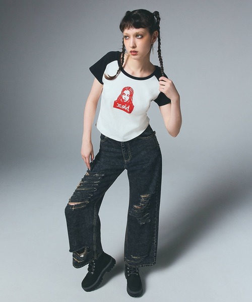 DISTRESSED LOOSE STRAIGHT DENIM PANTS（デニムパンツ）｜X