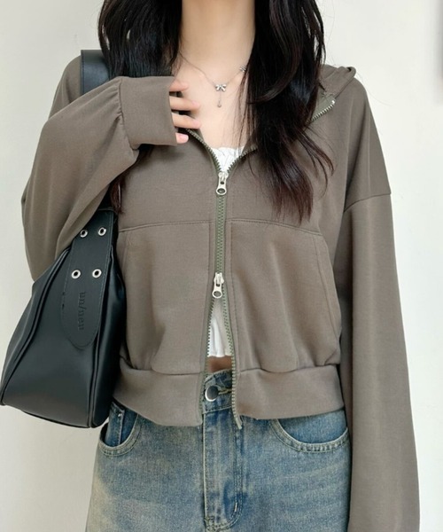 PUTUMAYO 半袖 ダブルジップパーカー ハーフジップダブルフェイスオーバーサイズ半袖パーカー MONO