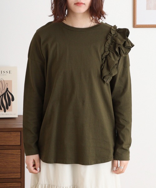 atONE(アットワン)の「片袖フリル長袖カットソー(Tシャツ/カットソー・レディース・ブラック/カーキ/ライトベージュ/オフホワイト・M-L/4L~5L/LL~3L)」の21枚目の写真