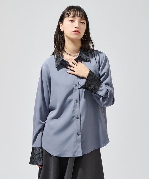 Ellno de Mavie（エルノデメヴィ）の「フラワーレースドッキングシャツ（シャツ/ブラウス・レディース・グレイッシュベージュ/ブラック/ブラック系/ブルーグレー・FREE）」の6枚目の写真