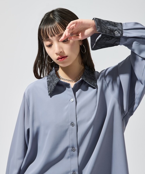 Ellno de Mavie（エルノデメヴィ）の「フラワーレースドッキングシャツ（シャツ/ブラウス・レディース・グレイッシュベージュ/ブラック/ブラック系/ブルーグレー・FREE）」の5枚目の写真