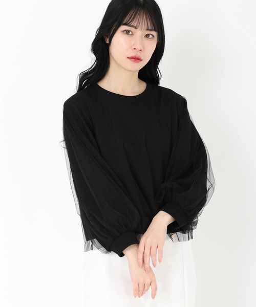 tシャツ チュールレイヤードジャージプルオーバー　Tシャツ・カットソー レディース セール】チュールレイヤードジャージプルオーバー Tシャツ