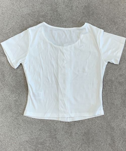 美品☆プトマヨ♡ホワイト ボタン付き 半袖 トップス セール】フロントボタンデザインギャザートップス 衿付き