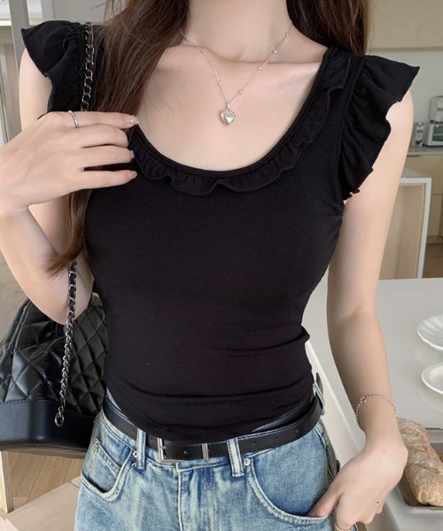 お値下げしました♡ビーズ装飾 濃紺 半袖Tシャツ フリルデザイン セール】カップ付きフリルデザインカット（Tシャツ/カットソー