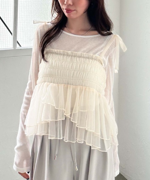 archives(アルシーヴ)の「チュールペプラムキャミ×リブTOPS SET(Tシャツ/カットソー・レディース・オフホワイト/グレー/ブラック/イエロー・MEDIUM)」の1枚目の写真