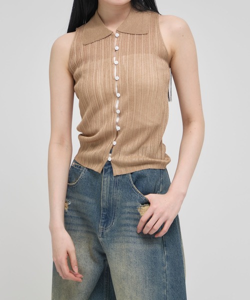 新品未使用タグ付き　LAUREN ノースリーブニット ZOZOTOWN限定》【Louren/ローレン】front button sheer knit