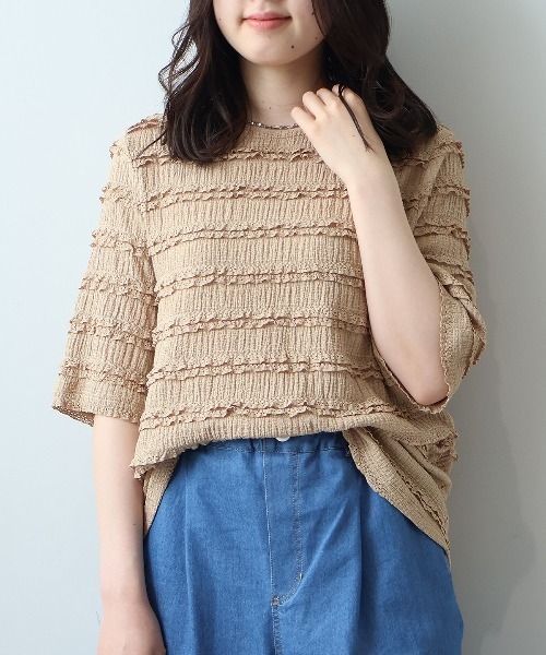 leswel(レスウェル)の「【L~5L 大きいサイズ】レーシージャガードプルオーバー 半袖 春夏(Tシャツ/カットソー・レディース・ブラック/イエロー/ベージュ・LL/3L/5L/4L/L)」の1枚目の写真