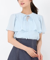 ブルーブルーブルー⭐︎ リボンタイゆったりブラウス☆サイズ32.5⭐︎未使用 earth_eco_loco プルオーバー ブラウス 長袖 レディース 大きい