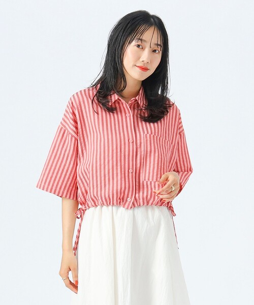 BEAMS HEART（ビームスハート）の「ストライプ柄 ドロスト ハーフスリーブシャツ（シャツ/ブラウス・レディース・サックスブルー/ピンク/ベージュ・FREE）」の3枚目の写真