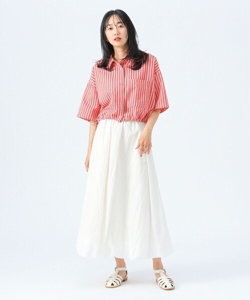 BEAMS HEART（ビームスハート）の「ストライプ柄 ドロスト ハーフスリーブシャツ（シャツ/ブラウス・レディース・サックスブルー/ピンク/ベージュ・FREE）」の5枚目の写真