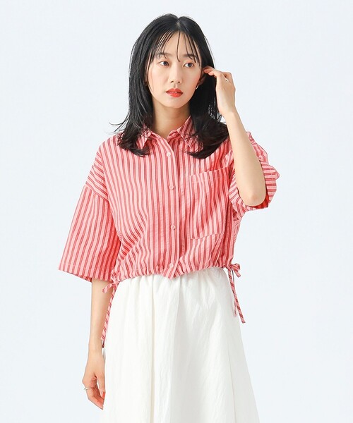 BEAMS HEART（ビームスハート）の「ストライプ柄 ドロスト ハーフスリーブシャツ（シャツ/ブラウス・レディース・サックスブルー/ピンク/ベージュ・FREE）」の6枚目の写真