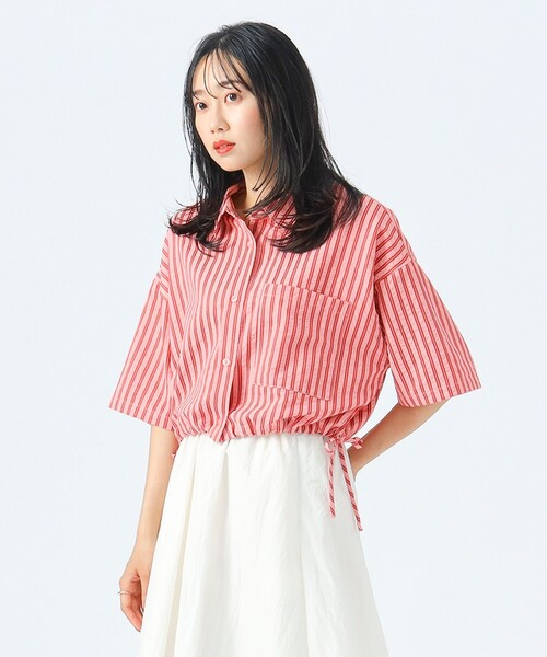 BEAMS HEART（ビームスハート）の「ストライプ柄 ドロスト ハーフスリーブシャツ（シャツ/ブラウス・レディース・サックスブルー/ピンク/ベージュ・FREE）」の7枚目の写真