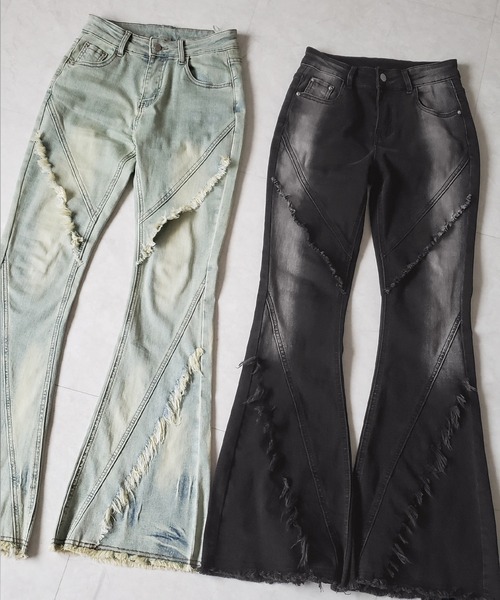 me+em select(ミームセレクト)の「【 2color / 4size 】フリンジデザインヴィンテージライクストレッチフレアデニム / fringe design vintage-like stretch flare denim(デニムパンツ・レディース・ブラック/ブルー・SMALL/MEDIUM/LARGE/X-LARGE)」の4枚目の写真