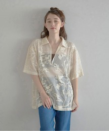 【MINERTE】flower embroidery half zip mesh shirt / フラワー刺繍ハーフジップメッシュシャツ