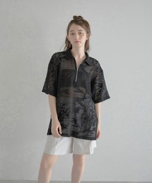 【MINERTE】flower embroidery half zip mesh shirt / フラワー刺繍ハーフジップメッシュシャツ