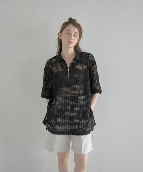 セール】【MINERTE】flower embroidery half zip mesh shirt