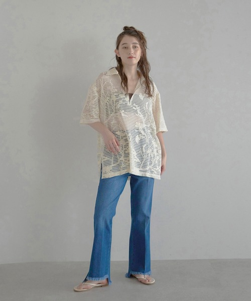 セール】【MINERTE】flower embroidery half zip mesh shirt