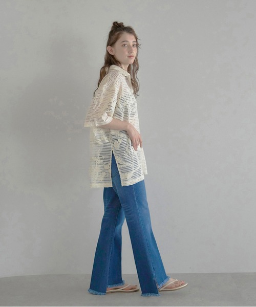 MINERTE(ミネルテ)の「【MINERTE】flower embroidery half zip mesh shirt / フラワー刺繍ハーフジップメッシュシャツ(シャツ/ブラウス・レディース・ブラック/アイボリー・FREE)」の9枚目の写真