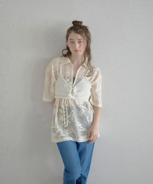 MINERTE(ミネルテ)の「【MINERTE】flower embroidery half zip mesh shirt / フラワー刺繍ハーフジップメッシュシャツ(シャツ/ブラウス・レディース・ブラック/アイボリー・FREE)」の13枚目の写真