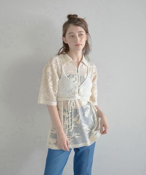 MINERTE(ミネルテ)の「【MINERTE】flower embroidery half zip mesh shirt / フラワー刺繍ハーフジップメッシュシャツ(シャツ/ブラウス・レディース・ブラック/アイボリー・FREE)」の14枚目の写真