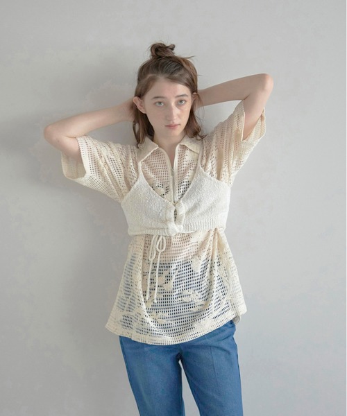 MINERTE(ミネルテ)の「【MINERTE】flower embroidery half zip mesh shirt / フラワー刺繍ハーフジップメッシュシャツ(シャツ/ブラウス・レディース・ブラック/アイボリー・FREE)」の15枚目の写真