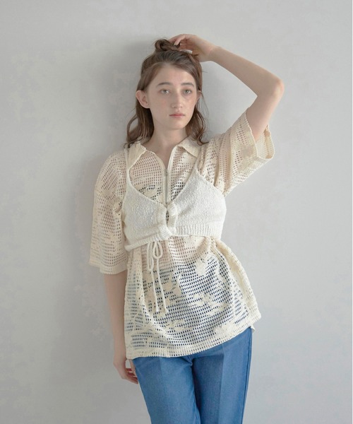 MINERTE(ミネルテ)の「【MINERTE】flower embroidery half zip mesh shirt / フラワー刺繍ハーフジップメッシュシャツ(シャツ/ブラウス・レディース・ブラック/アイボリー・FREE)」の16枚目の写真