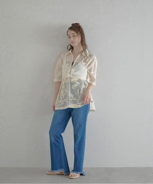 MINERTE(ミネルテ)の「【MINERTE】flower embroidery half zip mesh shirt / フラワー刺繍ハーフジップメッシュシャツ(シャツ/ブラウス・レディース・ブラック/アイボリー・FREE)」の17枚目の写真