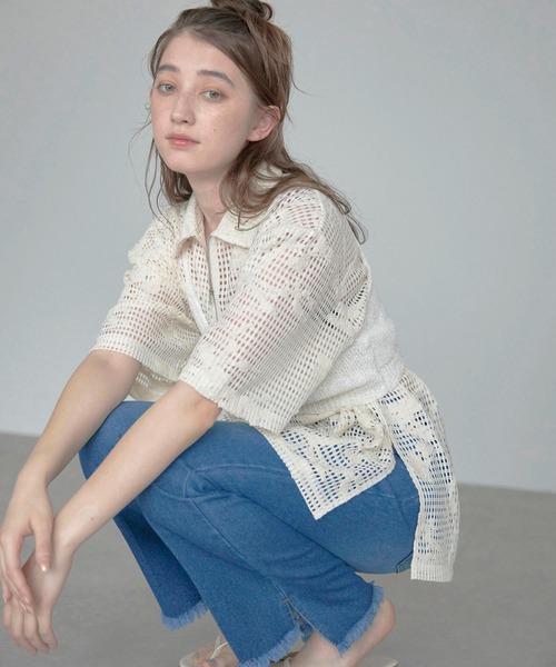 MINERTE(ミネルテ)の「【MINERTE】flower embroidery half zip mesh shirt / フラワー刺繍ハーフジップメッシュシャツ(シャツ/ブラウス・レディース・ブラック/アイボリー・FREE)」の19枚目の写真