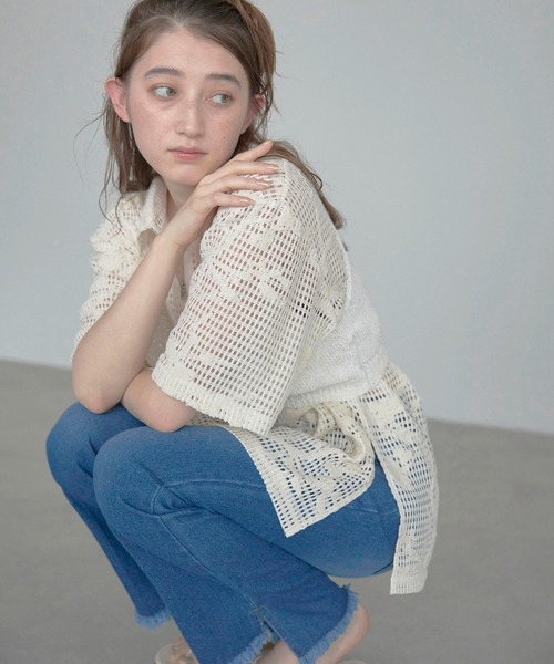 MINERTE(ミネルテ)の「【MINERTE】flower embroidery half zip mesh shirt / フラワー刺繍ハーフジップメッシュシャツ(シャツ/ブラウス・レディース・ブラック/アイボリー・FREE)」の20枚目の写真