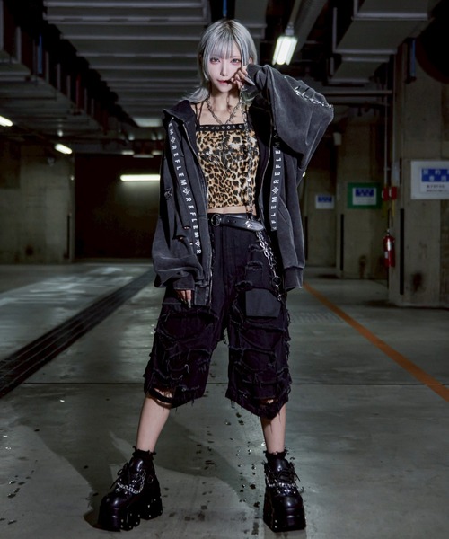 REFLEM チェーン付きブロークンうさ耳半袖ジップアップパーカー グレー REFLEM チェーン付きブロークンうさ耳半袖ジップアップパーカー